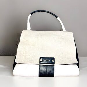 Furla Beige White Black Pebbled Leather Flap Top Handle Penelope Shoulder Bag